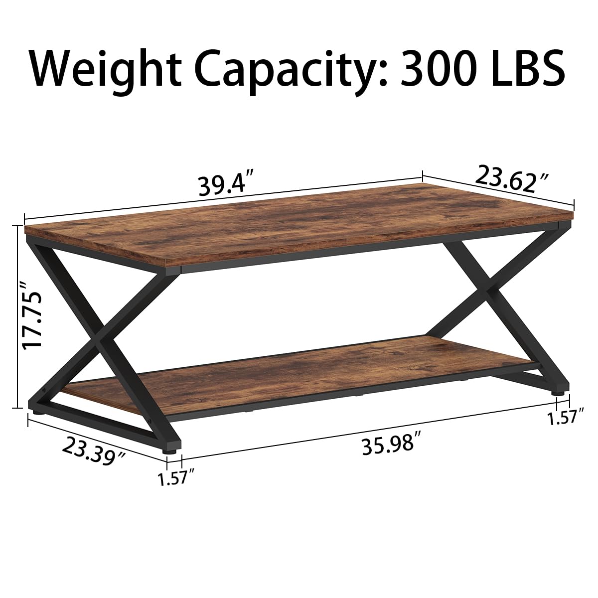 HSH Wood Coffee Table with Storage, Farmhouse Rustic Brown Coffee Table for Living Room, Modern Minimalist 2 Tier Center Table, Simple Rectangle Cocktail Tea Table in Home Office Bedroom, 39 Inch HSH