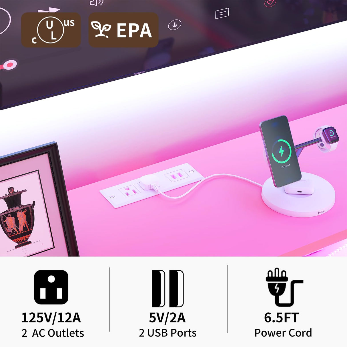 Dresser for bedroom, Pink Bedroom Dresser with LED Lights and Charging Station, 6 Long Drawers Dressers, Tall Wide Fabric Chest of Drawers Storage Organizer TV Stand for up to 60" TV for Living Room SOOWERY