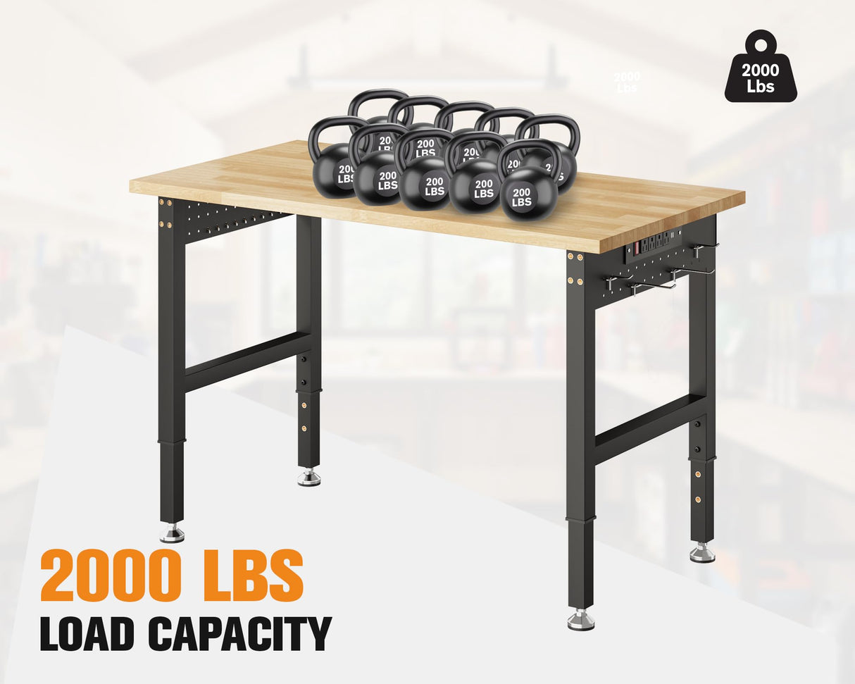 SPECRAFT Adjustable Heavy Duty Workbench with 4 AC Outlet and 2 USB Ports Power Outlets, 2000 Lbs Capacity, Rubber Wood Top for Garage, Workshop, Office SPECRAFT