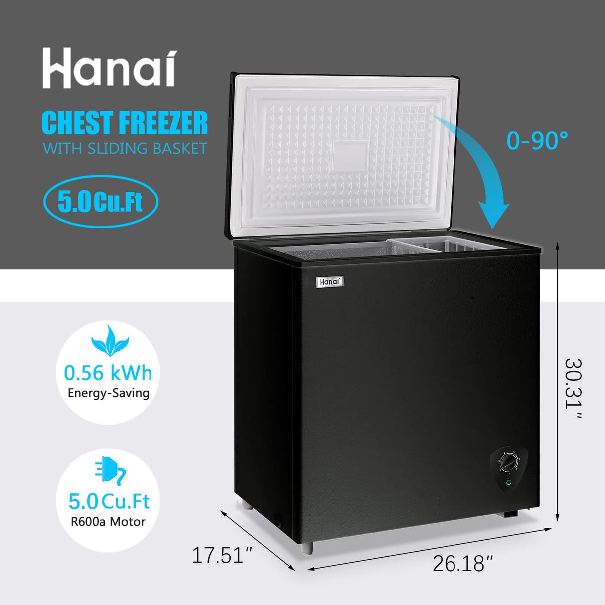 5.0 Cubic Feet Deep Chest Freezer Compact Freezers with Adjustable Thermostat Top Open Door Freezer Compressor Cooling with Rmovable Storage Basket for Home Kitchen Office and Bar (Black) WANAI