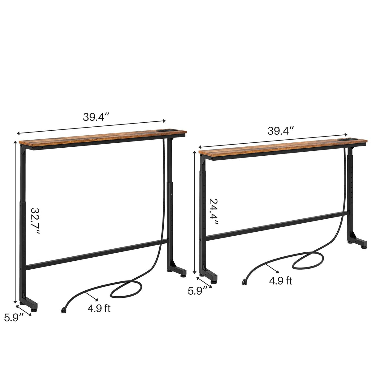 Kitstorack 2-Pack Narrow Console Table with Adjustable Height (25"-33") & Power Outlets, Rustic Brown Sofa Table for Behind Couch or Wall, 79" Long with 4.9ft Cord Kitstorack