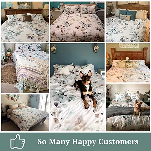 MILDLY 100% Long-Staple Cotton Duvet Cover Set, Gradient Teal Leaves Pattern Bedding Set 3pcs, Ultra Soft Breathable Chic Comforter Cover MILDLY