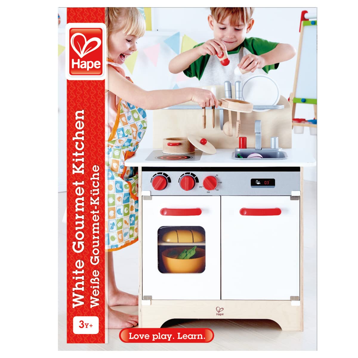 Hape Gourmet Kitchen Toy Fully Equipped Wooden Pretend Play Kitchen Set with Sink, Stove, Baking Oven, Cabinet, Turnable Knobs & Spice Shelf, White Hape