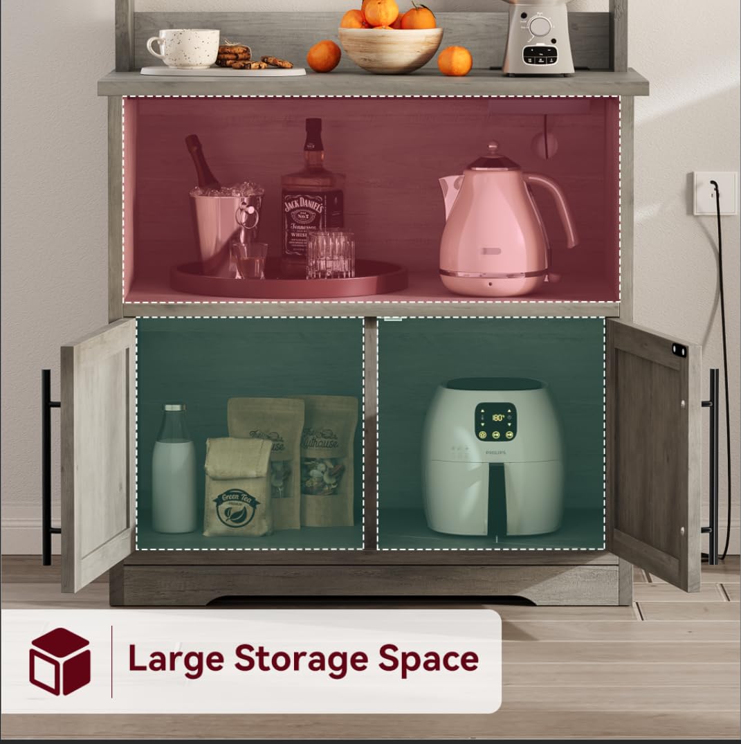 GarveeHome Microwave Stand Bakers Rack Cabinet, Farmhouse Bakers Rack with Power Outlet with Thickened Counter, Freestanding Small Kitchen Bakers Rack with Large Storage, Easy Assembly,Retro Gray GarveeHome