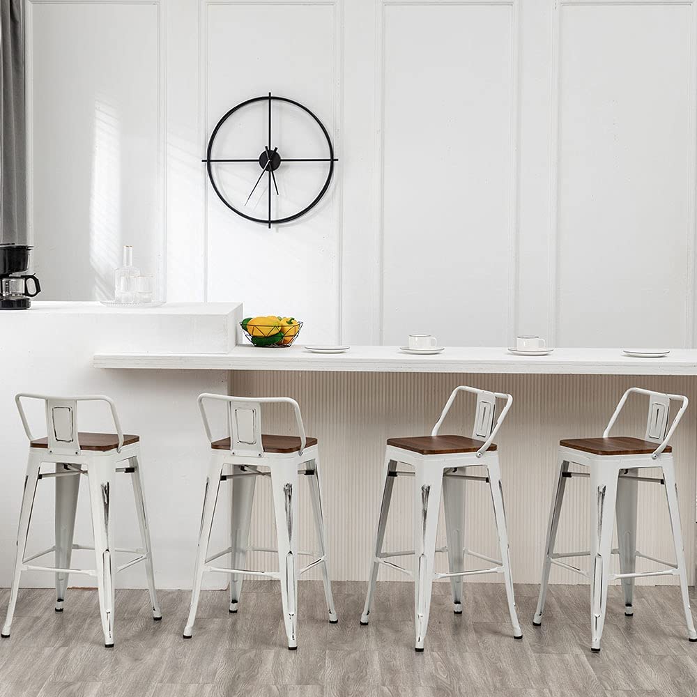 Andeworld Bar Stools Set of 4 Counter Height Stools Industrial Metal Barstools with Wooden Seats(24 Inch, Distressed White) Andeworld