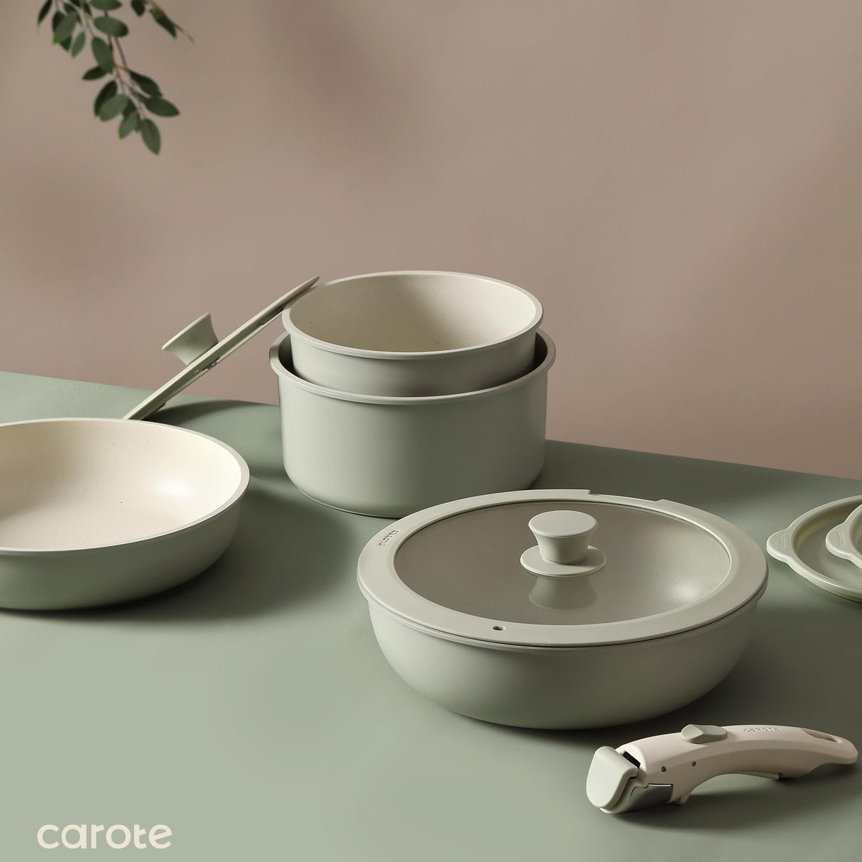 CAROTE Pots and Pans Set, Nonstick Cookware Set Detachable Handle, 11pcs Induction Kitchen Cookware Sets Non Stick with Removable Handle, RV Cookware Set, Oven Safe, Sage Green CAROTE