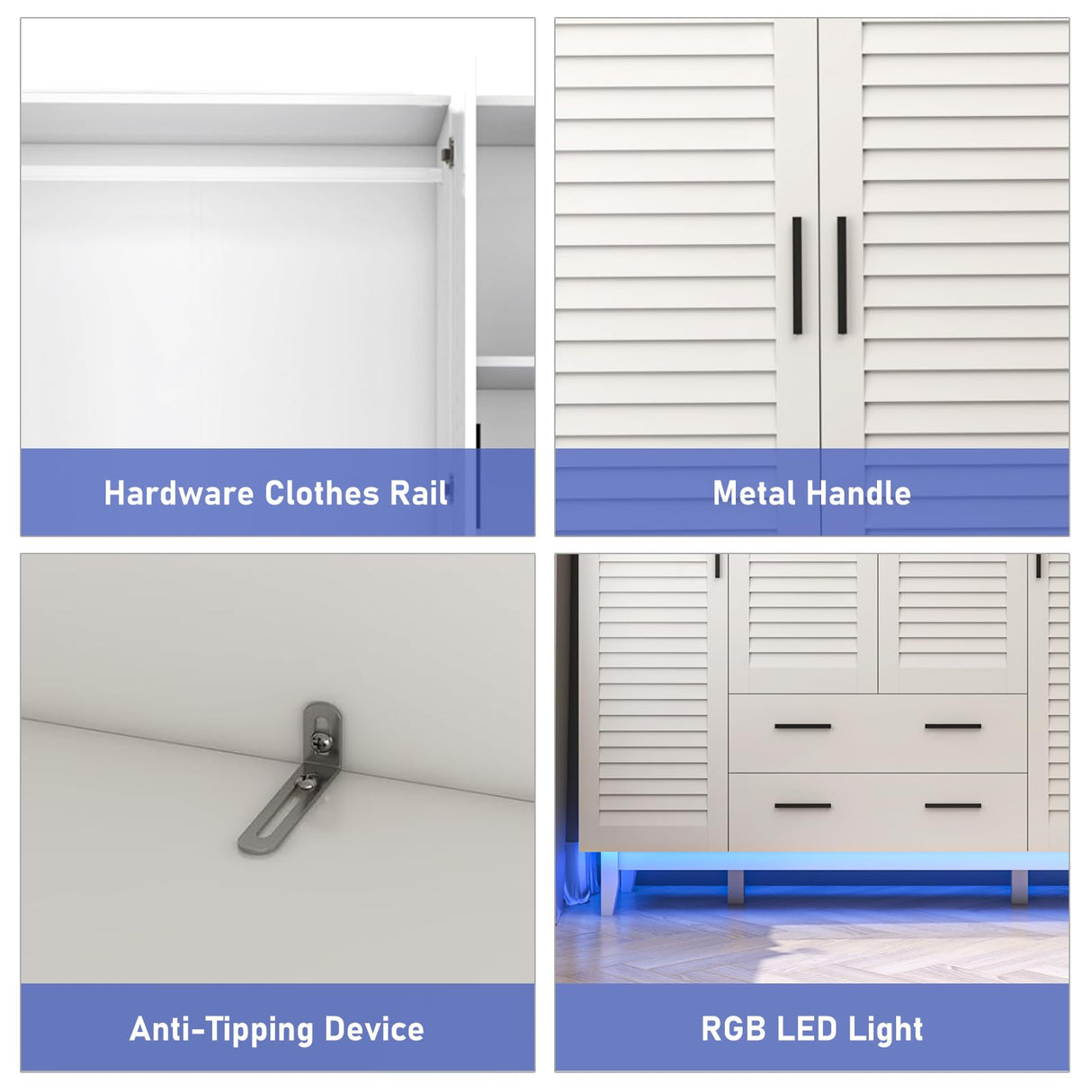 jiteentarou 4 Door Armoire Wardrobe Closet Cabinet with Drawers and LED Lights, Multi-Tier Shelves, Hanging Rod & 4 Louver Doors, Large Capacity Storage Wardrobe Armoire for Bedroom(4 Doors White) jiteentarou