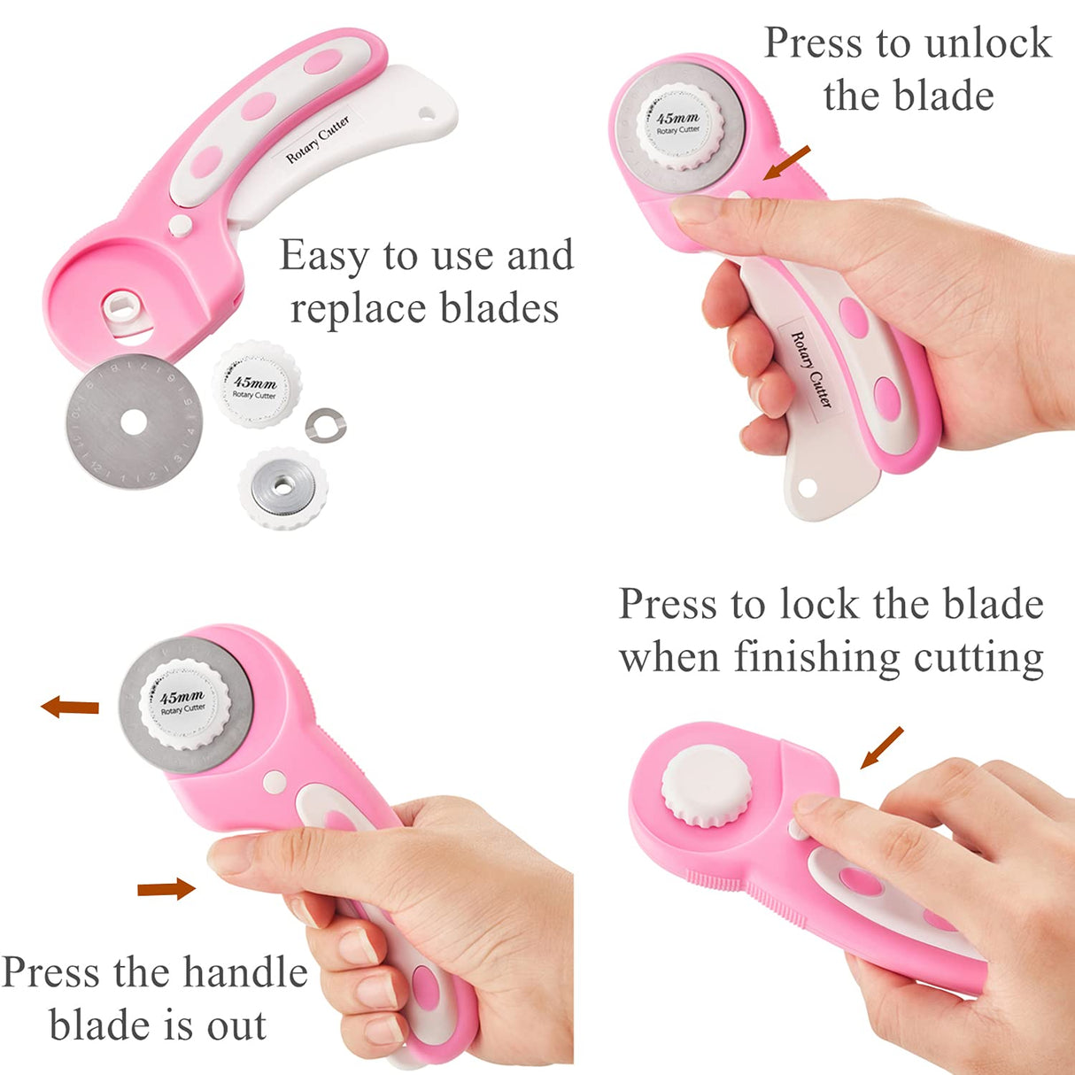 45mm Rotary Cutter with 5pcs Extra Blades, Ergonomic Handle Rolling Cutter with Safety Lock for Fabric, Leather, Crafting, Sewing, Quilting, Fabric Rotary Cutter Perfect for Left & Right Hand(Pink) Headley Tools