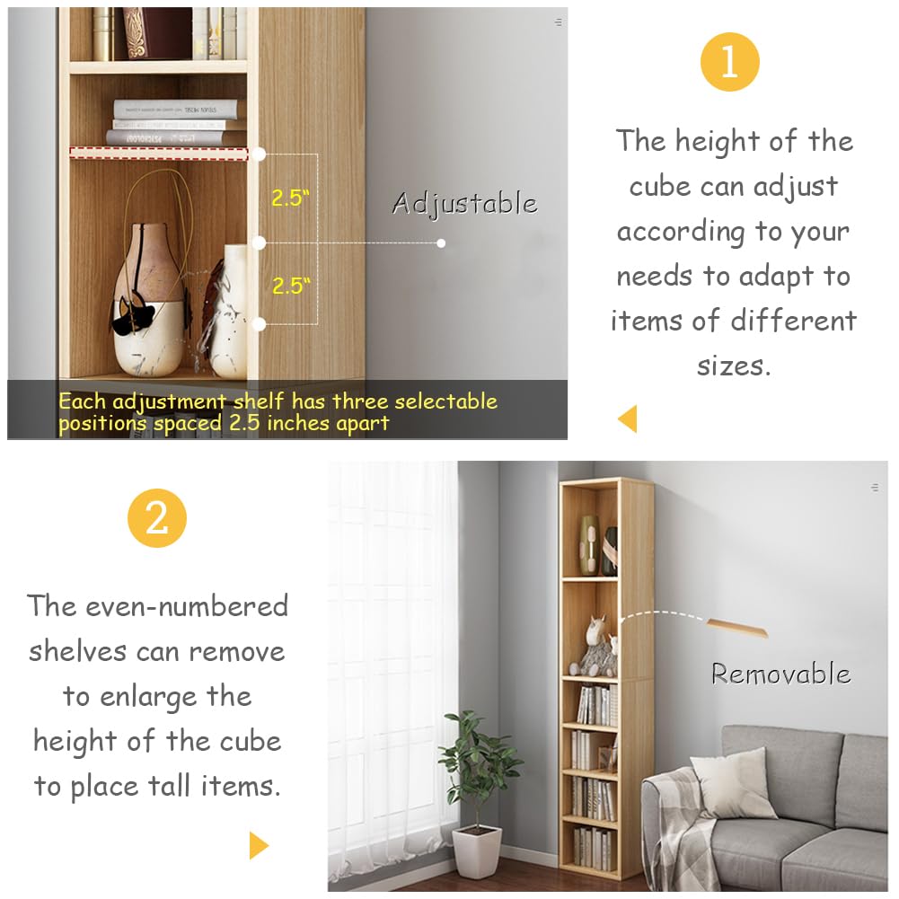 IOTXY Small Narrow Corner Bookcase - 59 Inches Tall Gap Freestanding Storage Cabinet, 7 Lattices Open Shelves Tower Rack, Cubes Bookshelf in White IOTXY