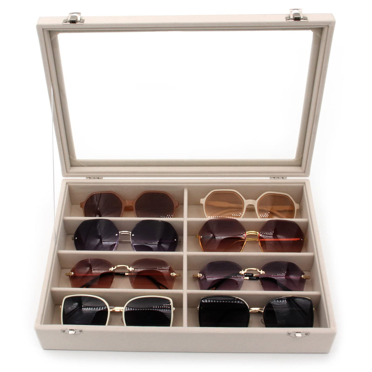 KLOUD City Luxury Sunglasses Organizer - 8 Slot Velvet Jewelry Storage Case with Clear Glass Lid | Dustproof, Scratch-Resistant Display for Glasses & Watches | Elegant Gift Box (14"x9.5") KLOUD City