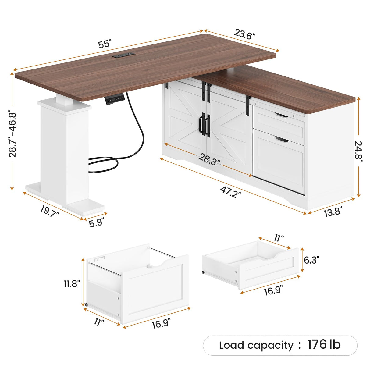 SEDETA Farmhouse L Shaped Standing Desk, 55 inch Height Adjustable Corner Desk with Storage Drawers, Standing Computer Desks with Power Outlets for Home Office, White SEDETA