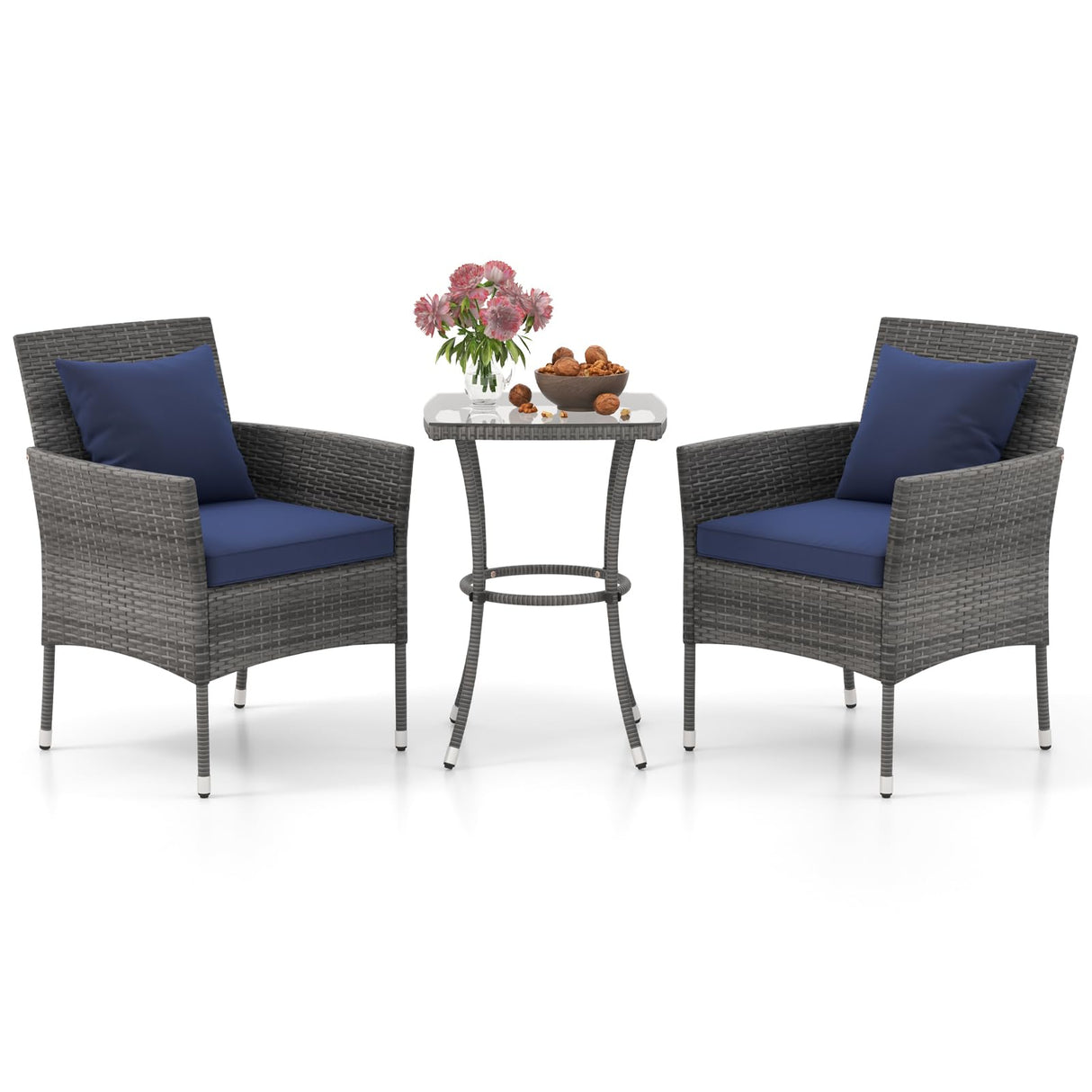 Tangkula 3-Piece Patio Furniture Set, PE Wicker Conversation Bistro Set w/A Tempered Glass Table & 2 Cushioned Chairs, Outdoor Table & Chairs Set for Patio Porch Yard Garden (Mix Gray+Navy) Tangkula