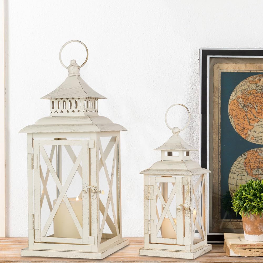 Lanterns Decorative Outdoor&Indoor, Set of 2 (14"&10") Beige Metal Lantern Decor with Glass, Candle Holder for Porch, Patio, Garden, Balcony, Wedding, Table Centerpiece NEEDOMO
