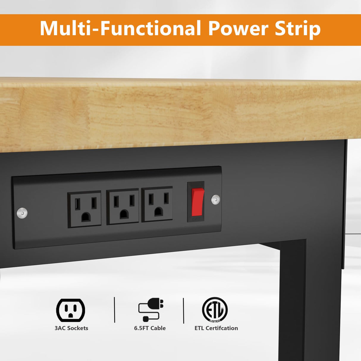 Pelnuies 48" Work Bench with Wheels, Adjustable Height Workbench with Drawers, Heavy-Duty Oak Wood Work Table with Power Outlets, 2000 LBS Capacity Workstation for Garage, Workshop, Office, Home Pelnuies