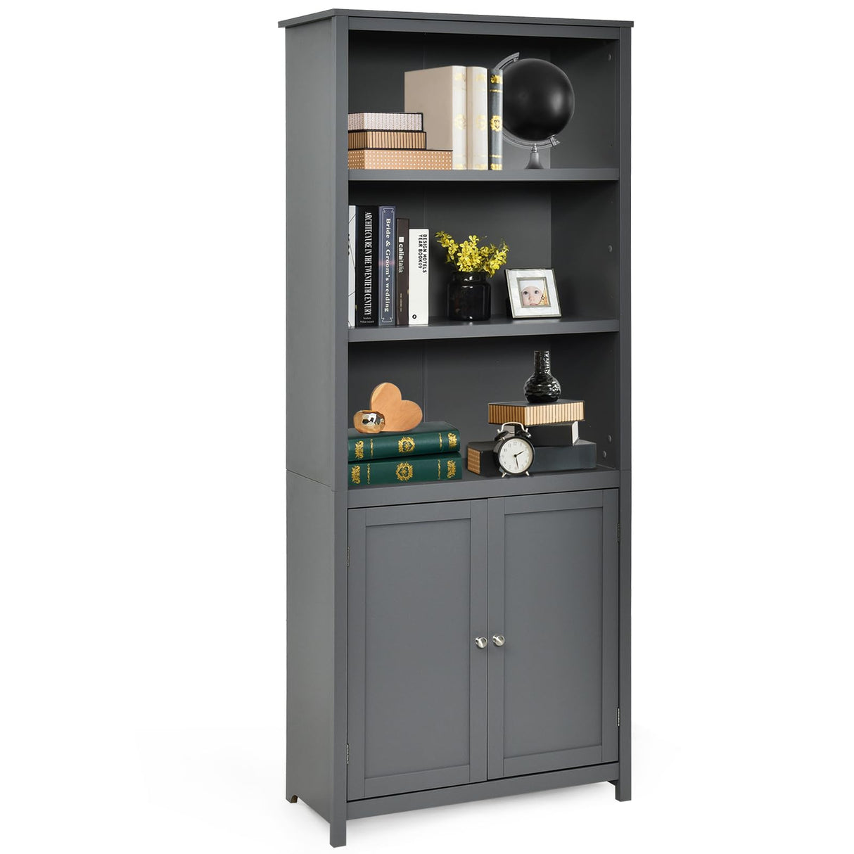 SILKYDRY 71.5" Grey Freestanding Bookshelf with Doors and Adjustable Shelves SILKYDRY
