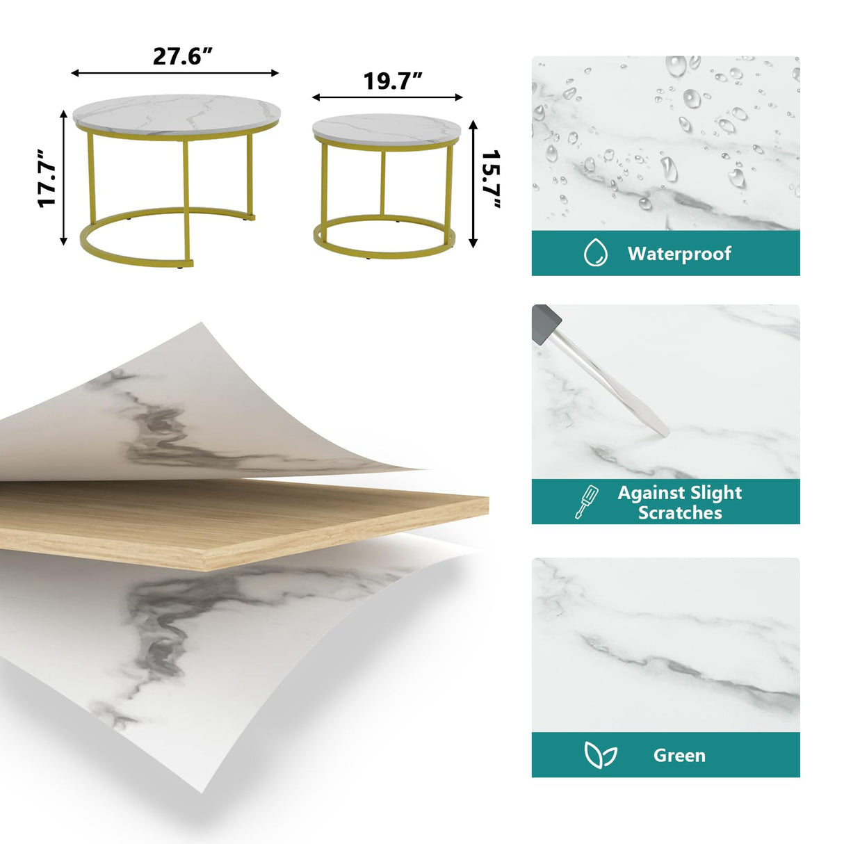 Smuxee White Nesting Coffee Table Set of 2, 27.6" Round Coffee Table Wooden Marble Pattern with Adjustable Non-Slip Feet, Industrial End Table for Living Room Bedroom Balcony Smuxee