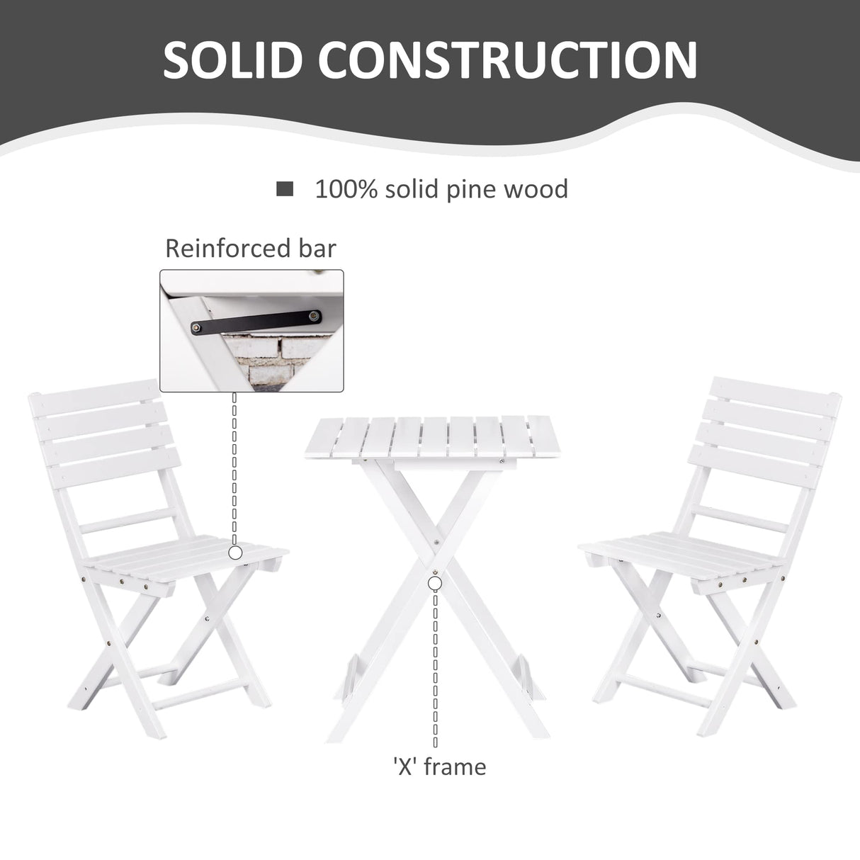 Outsunny 3 Piece Bistro Set, Wood Folding Outdoor Furniture with Table & Chairs for Backyard & Balcony, Square, White Outsunny