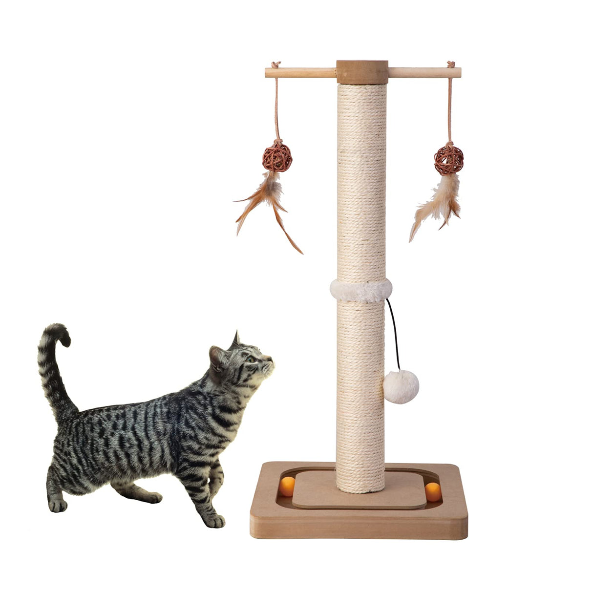 PEEKAB Cat Scratching Post Premium Sisal Scratch Posts with Tracking Interactive Toys Vertical Scratcher for Indoor Cats and Kittens- 25 inches Beige PEEKAB