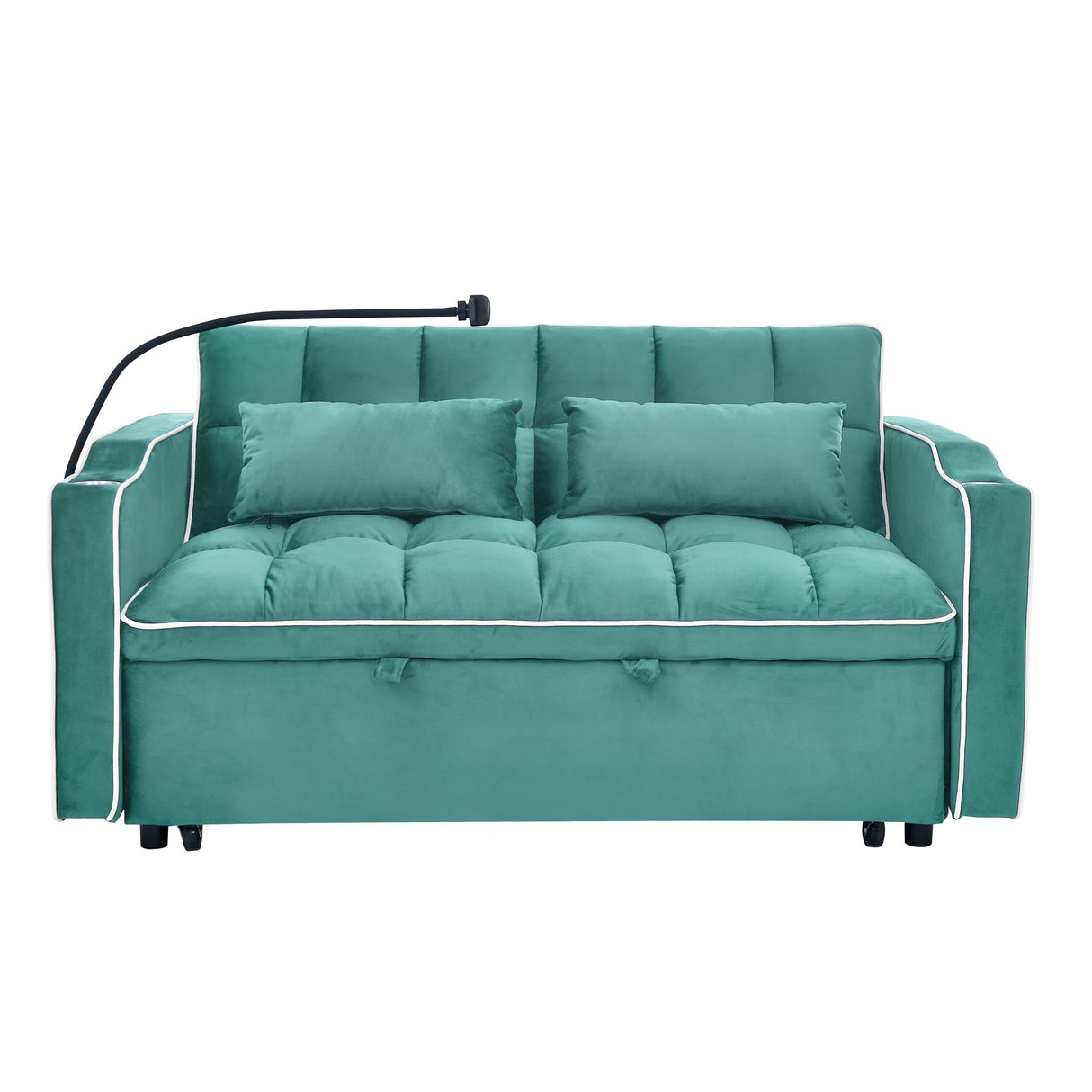 Foldable Sofa Bed with USB Charging Ports, Pull Out Velvet Loveseat Sleeper with Phone Holder, Modern Futon Couch with Cup Holders & Adjustable Backrest for Living Room,Green Merax