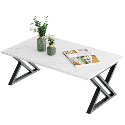 Wolawu Coffee Table White Living Room Center Table, Simple Modern Faux Marble Rectangular Tea Table with Sturdy Black Metal Frame,Industrial Wooden Coffee Table for Bedroom Home Office