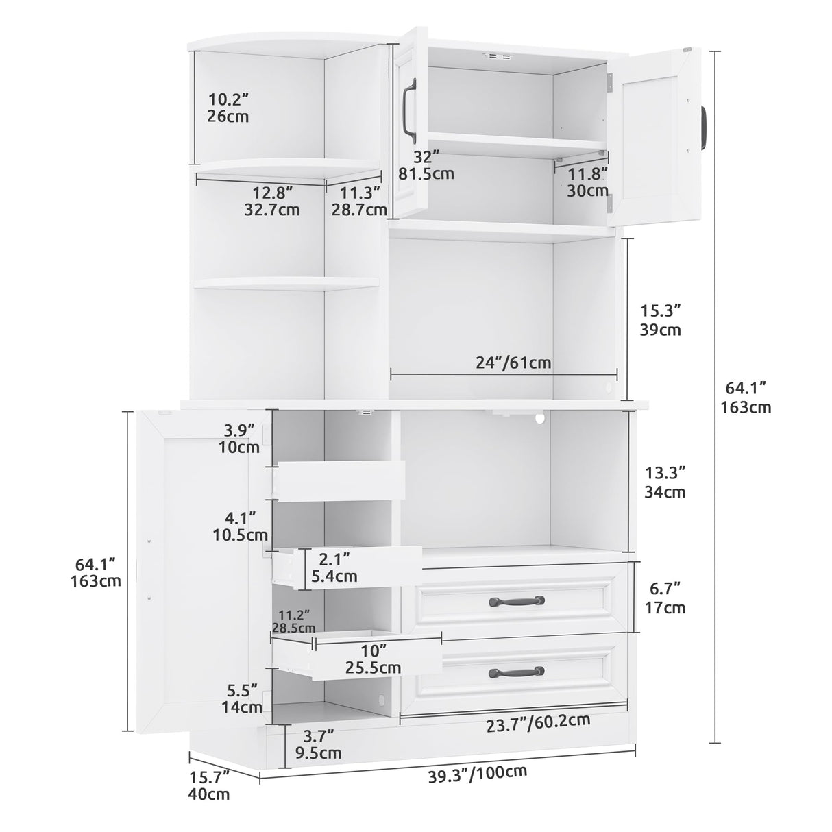 DWVO Kitchen Pantry Storage Cabinet, 64" H Kitchen Hutch Cabinet with Power Outlet, Sliding Racks with Door, Drawers with Doors and 3-Tier External Shelves for Living Room, Dining Area (White) DWVO