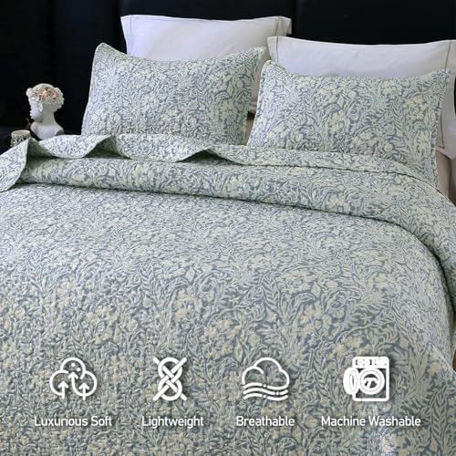 DURLENGEN Quilt Set California King Size 3Pcs,Bluish Grey Printed with Beige Leaves Pattern,Soft Microfiber Lightweight Bedspread for All Season Layering(112x104,Beige Botanical) DURLENGEN