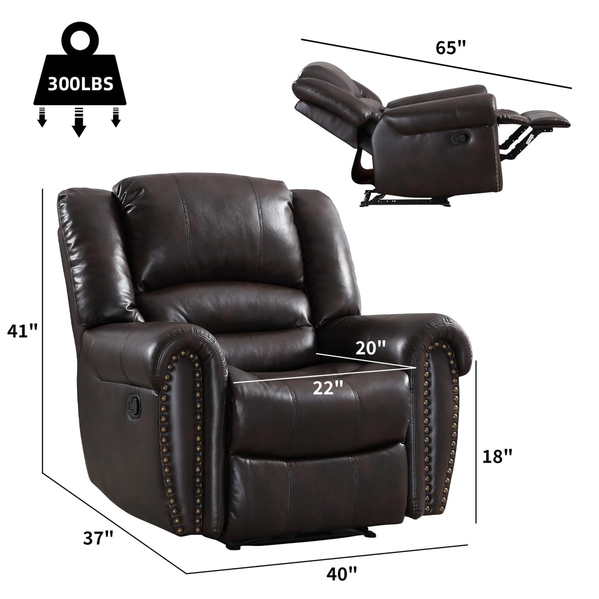 CANMOV Leather Recliner Chair, Classic and Traditional Manual Recliner Chair with Comfortable Arms and Back Single Sofa for Living Room, Dark Brown CANMOV