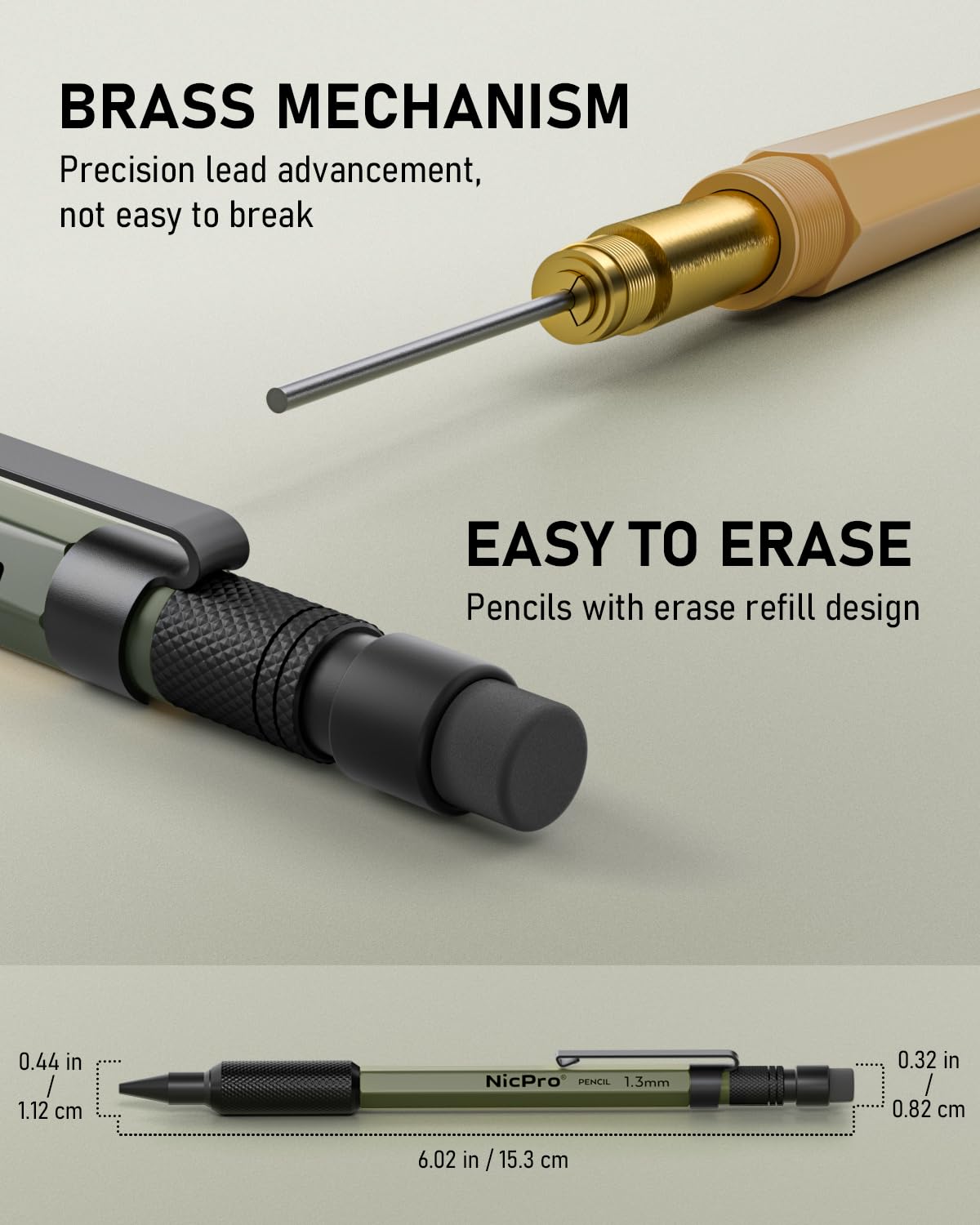 Nicpro 3 PCS 1.3 mm Mechanical Pencil Set 3 Colors with 36 Lead Refill, 3 Eraser - Weatherproof Metal MP2000 Heavy Duty Carpenter Pencil for Outdoor Marking Drafting Drawing Woodworking Nicpro