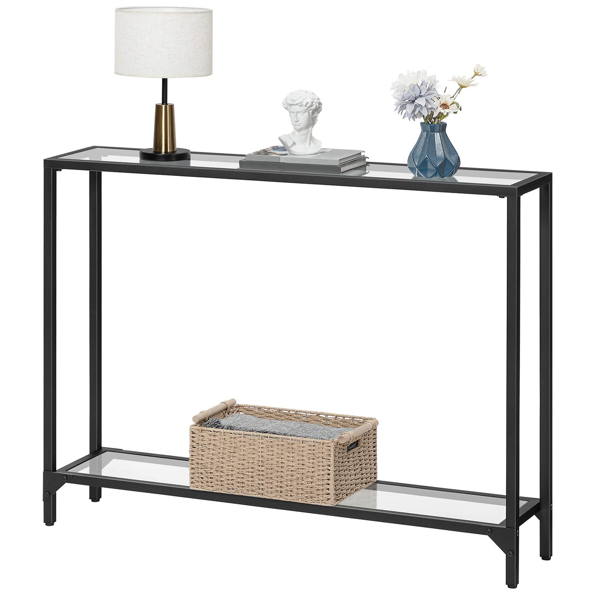 HOOBRO 39.4" Black Console Table, Tempered Glass Sofa Table, Modern Entryway Table, Narrow Couch Table, Metal Frame, for Living Room, Hallway BK04XG01 HOOBRO