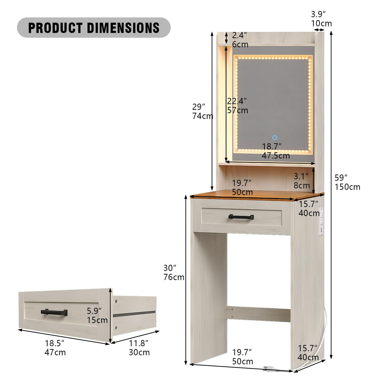 Trironsun Small Farmhouse Makeup Vanity Desk with 3 Adjustable Lighted Mirror Narrow Vanity Table with Storage Drawer White Thin Dressing Table for Bedroom Small Space Trironsun