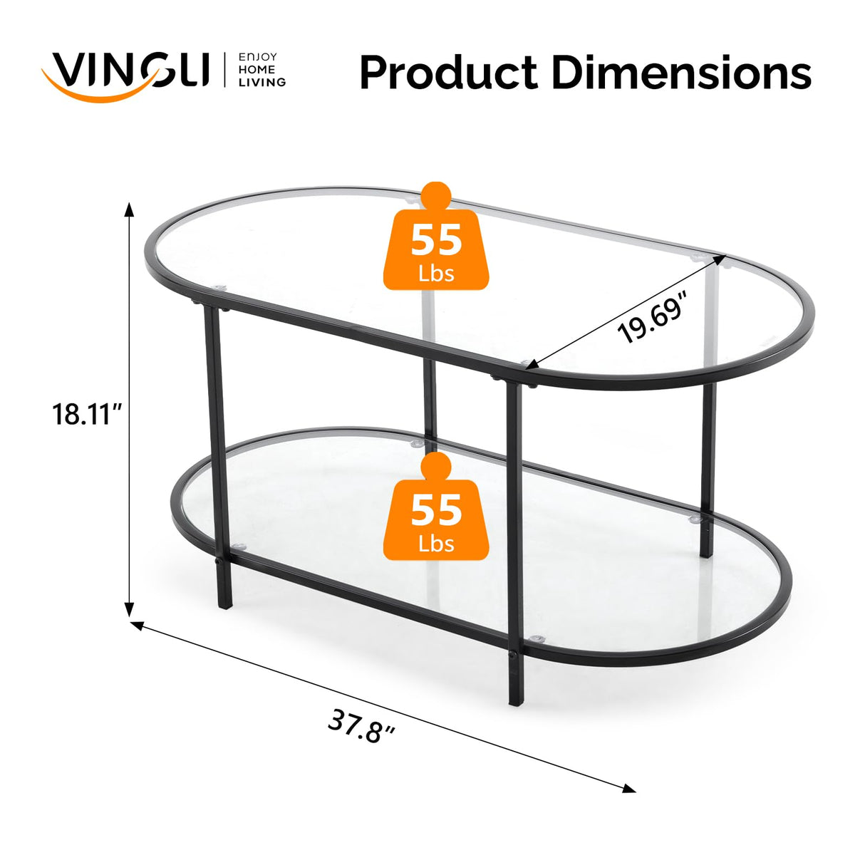 VINGLI Glass Coffee Table, 38" Oval Coffe Table for Home Decor, Modern Tea Table with 2-Tier Storage, Skinny Coffee Tables for Living Room, Office, Small Space, Black VINGLI