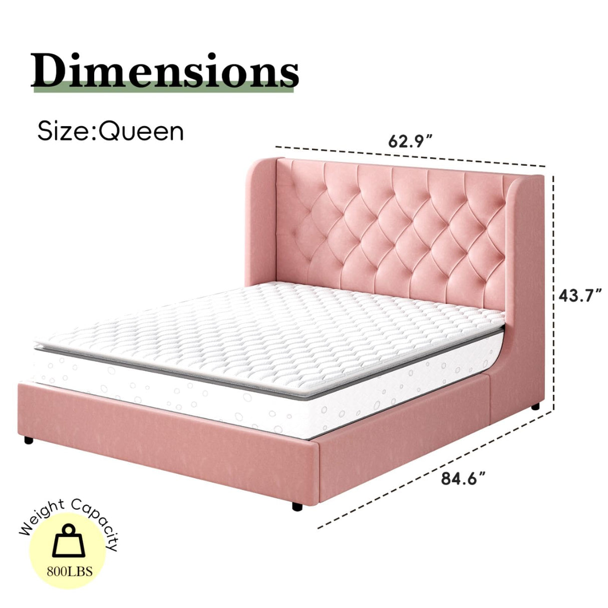 HOMBCK Queen Bed Frame, Upholstered Bed Frame with Headboard, Pink Queen Bed Frame, Wide Wingback, Soft Velvet Bed Frame, No Box Spring Needed, Noise Free, Easy Assembly, Pink HOMBCK