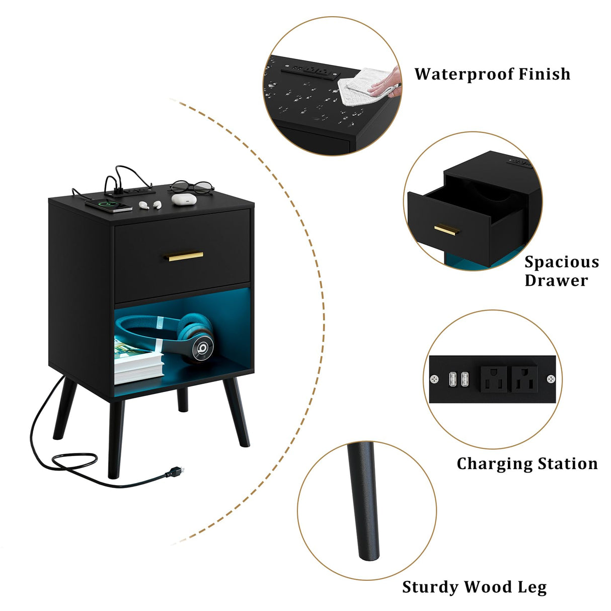 Aienvey Nightstand with Charging Station and LED Lights, Small Side Table, Bedside Table with Drawer, Modern Night Stand, End Table for Bedroom, Living Room (Black) Aienvey