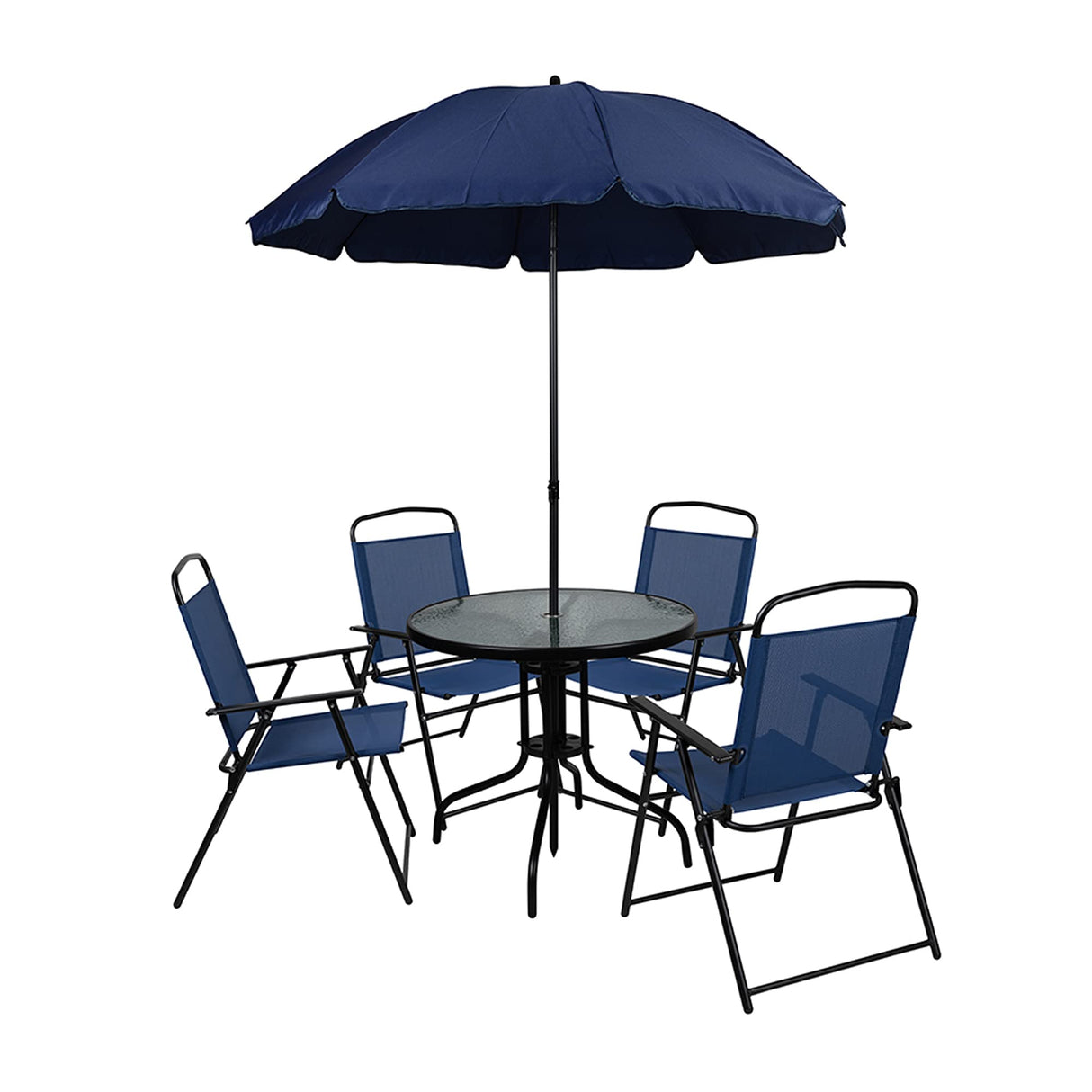 Flash Furniture Nantucket 6-Piece Patio Dining Set with Glass Table, 4 Folding Chairs, and Umbrella, Outdoor Patio Table, Chairs, Umbrella Set, Navy Flash Furniture