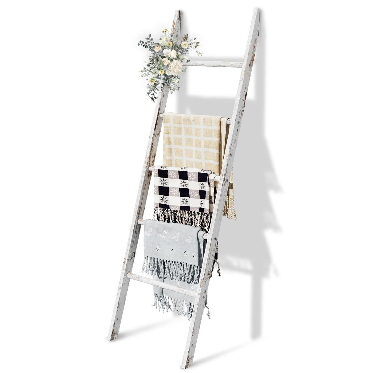 5-Tier Blanket Ladder Wooden, 5.3FT(63'') Blanket Quilt Holder Rack Decorative Ladder, Easy Assembly, Rustic Farmhouse Ladder Shelf for The Living Room Bedroom Bathroom Home Decor, White Wash Delywh