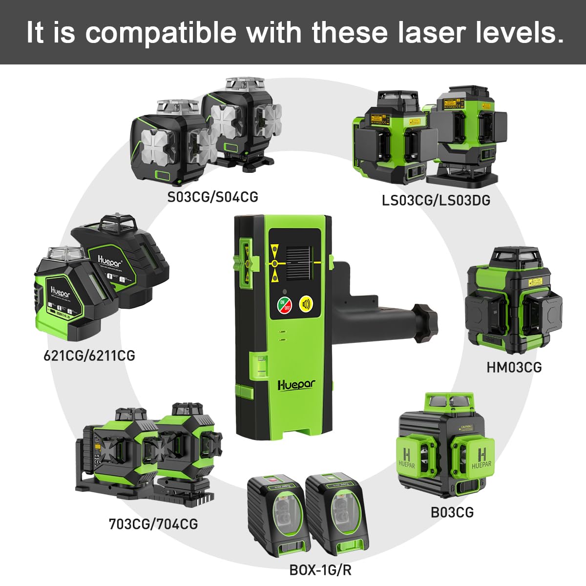Huepar LR-6RG Laser Detector for Laser Level, Detect Green & Red Beams Digital Laser Receiver Compatible with Huepar Pulse Mode Line Laser Level Up to 200Ft, Three-Side LED Display, Clamp Included Huepar