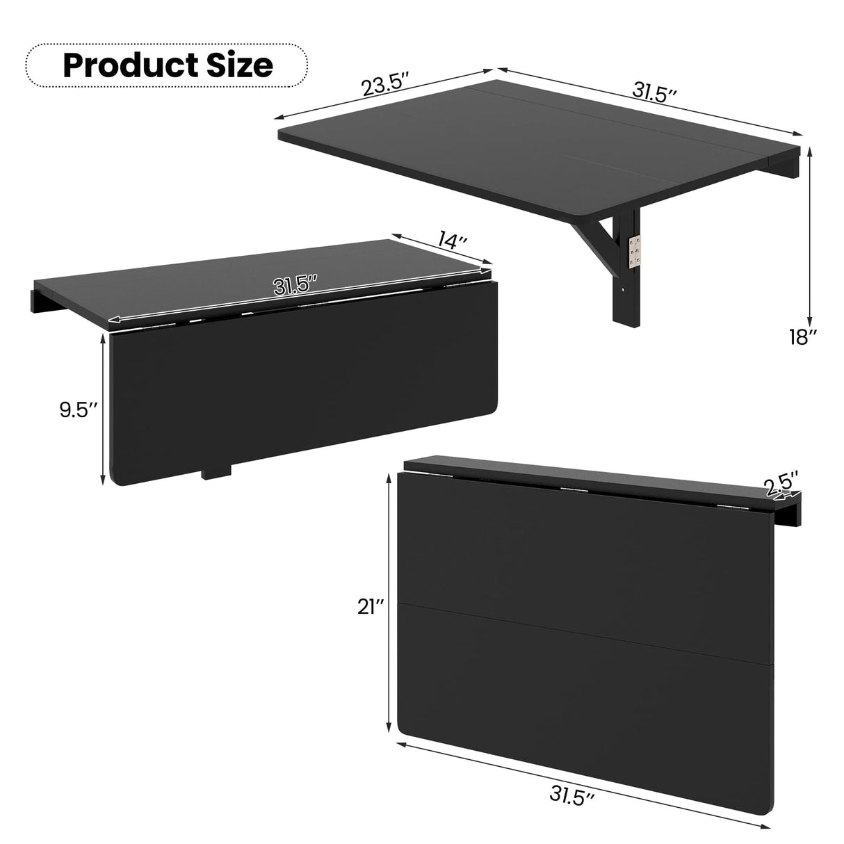 Tangkula 31.5" x 23.5" Wall Mounted Table, Folding Wall Mounted Desk Drop-Leaf Table, Space Saving Fold Down Floating Desk for Study, Bedroom, Bathroom or Balcony (Black) Tangkula