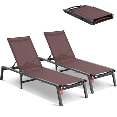 VEVOR 2 Pcs Chaise Lounge Chairs Outdoor, Aluminum Patio Lounge Chair with Adjustable 5-Position, Folding Pool Chairs Recliner and Full Flat Tanning Chair for Patio, Beach, Pool, Brown, 2 pcs