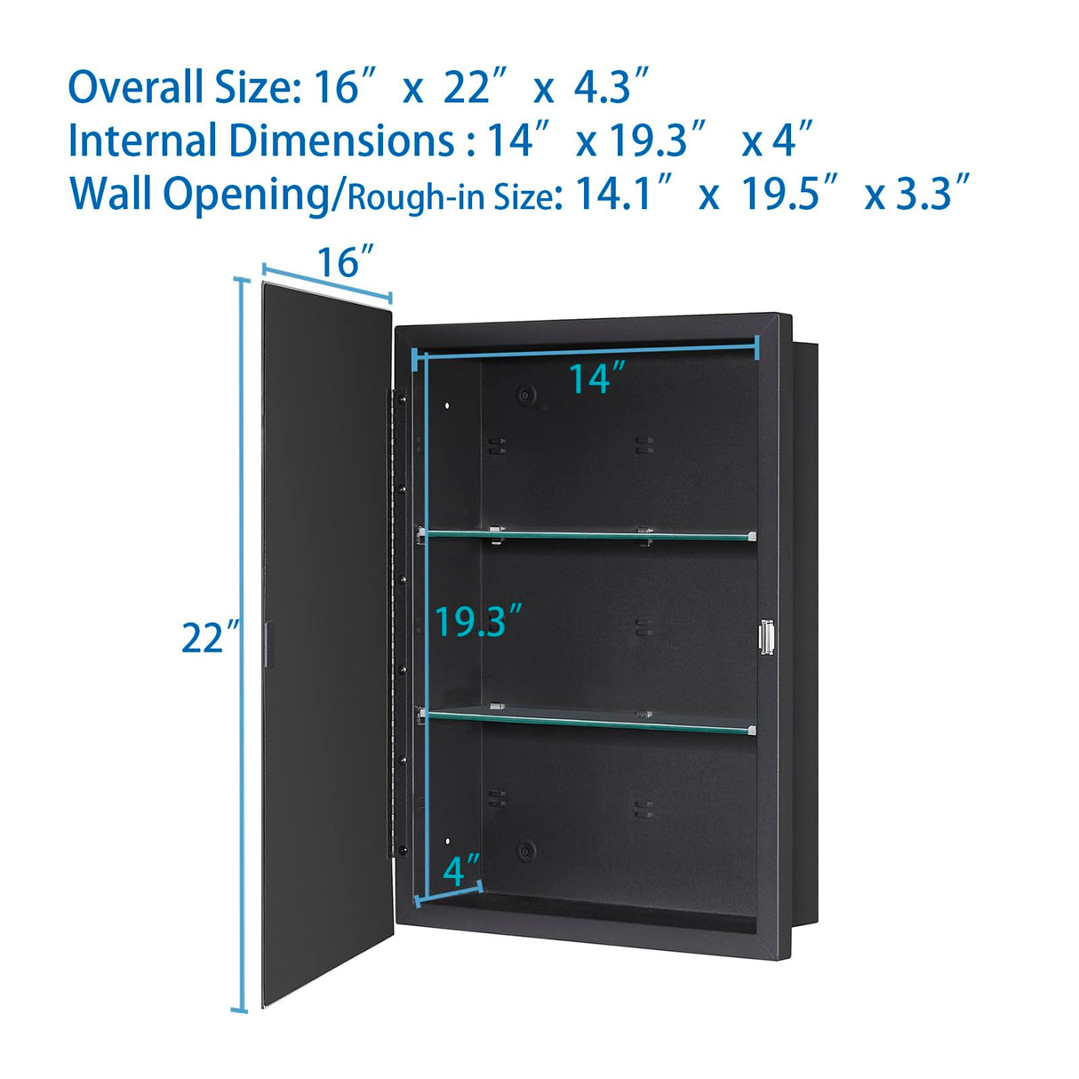 IDYLLOR Black Bathroom Medicine Cabinet with Beveled Edge Mirrored Door 16 x 22 inch, Recessed or Surface Mount, with Adjustable Glass Shelves IDYLLOR