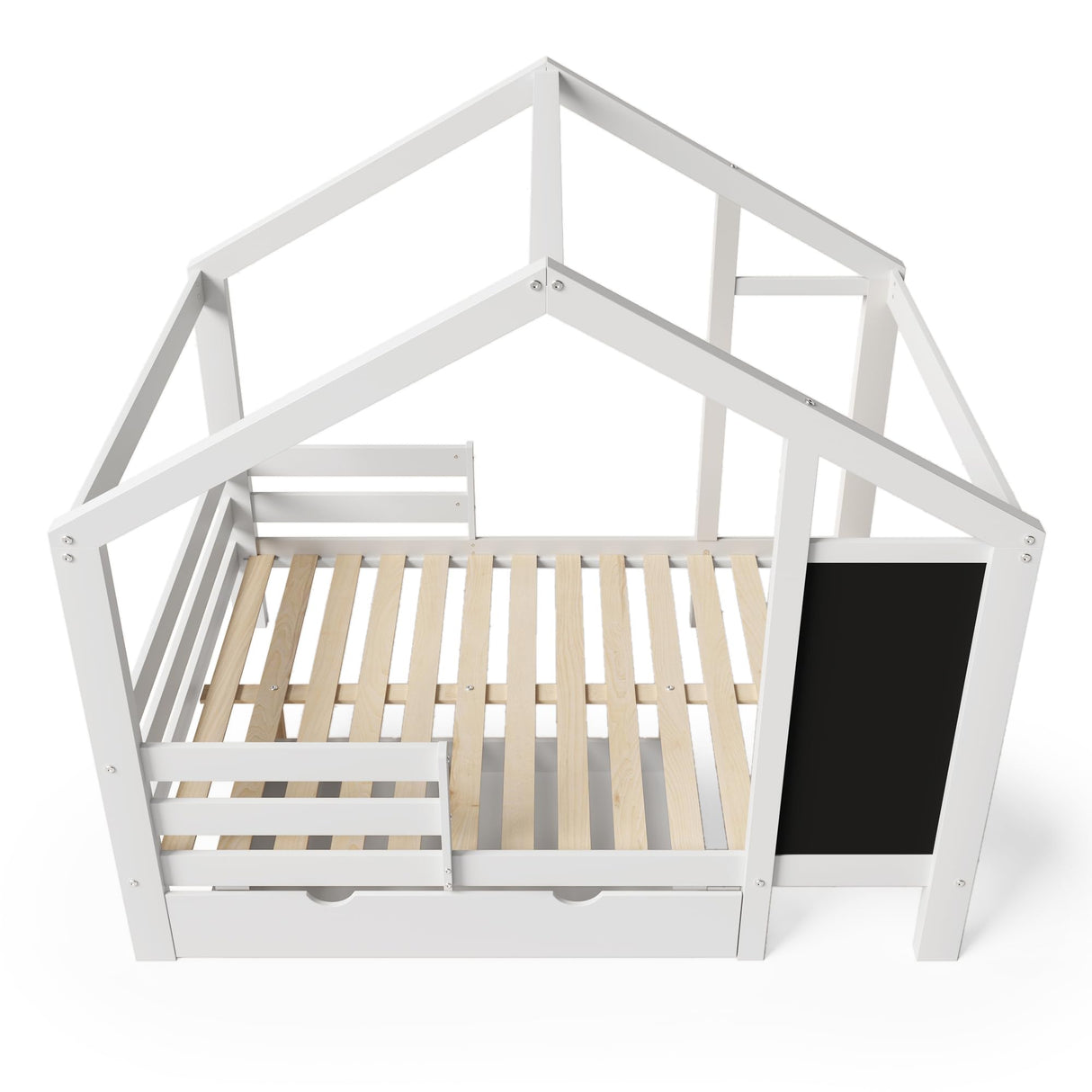 DNYN Full Size House Bed with Storage Drawers and Blackboard for Kids - Space-Saving Solid Wood Bedframe in White DNYN