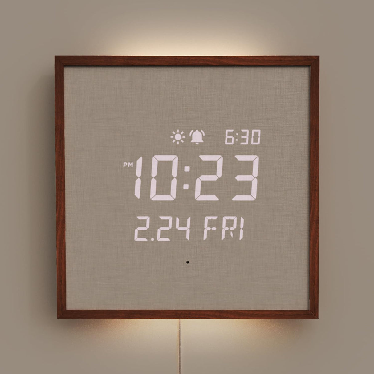 mooas Wooden Frame LED Silent Wall Clock with Remote, Backlit Nightlight, Modern Digital LED Wall Clock Display Sunrise Alarm Melody 5 Brightness for Bedroom Living Room Office Decor- Dark Wood mooas
