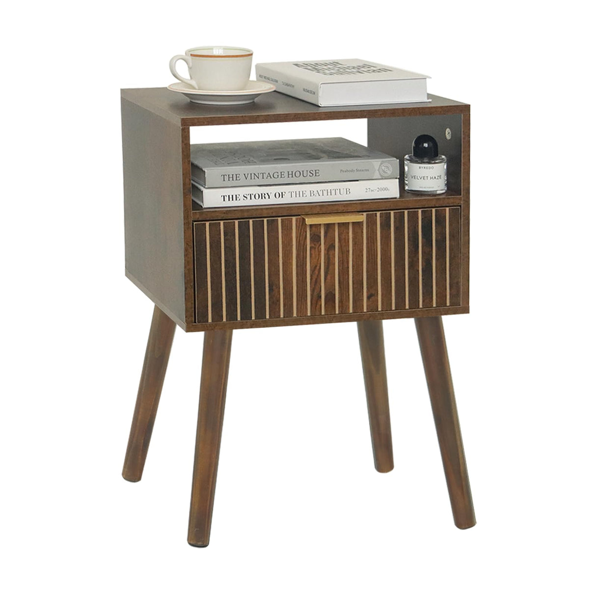 MaxSmeo Small Nightstand with Drawer, Mid Century Modern Bedside Table for Bedroom and Small Spaces, Solid Wood Legs, Easy Assembly, Rustic Brown MaxSmeo