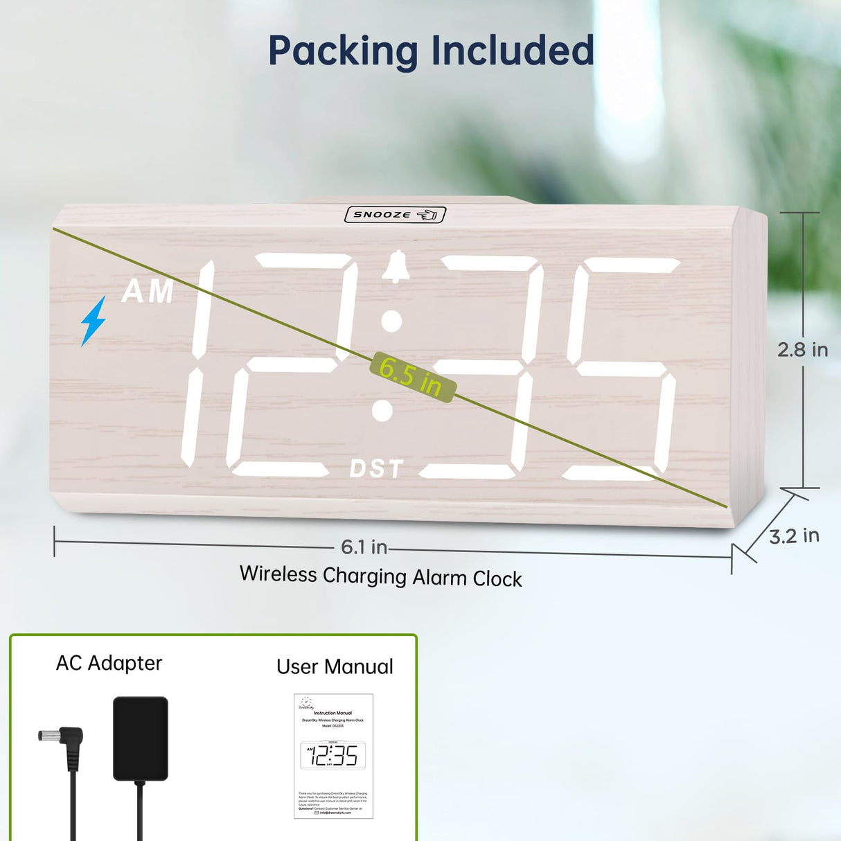 DreamSky Wooden Digital Alarm Clock with Wireless Charging for Bedroom, Bedside Nightstand Clock with Charger Station, USB Port, Large Numbers, Adjustable Volume, Brightness Dimmer, DST DreamSky