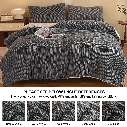 LLanCL 3D Jacquard Design Comforter Set, Ultra-Soft Warm Queen Size Sherpa Fur Plush 3-Pieces Sets Luxury Cozy Bedding with 2 Pillowcases (90"x90", Grey) LLanCL
