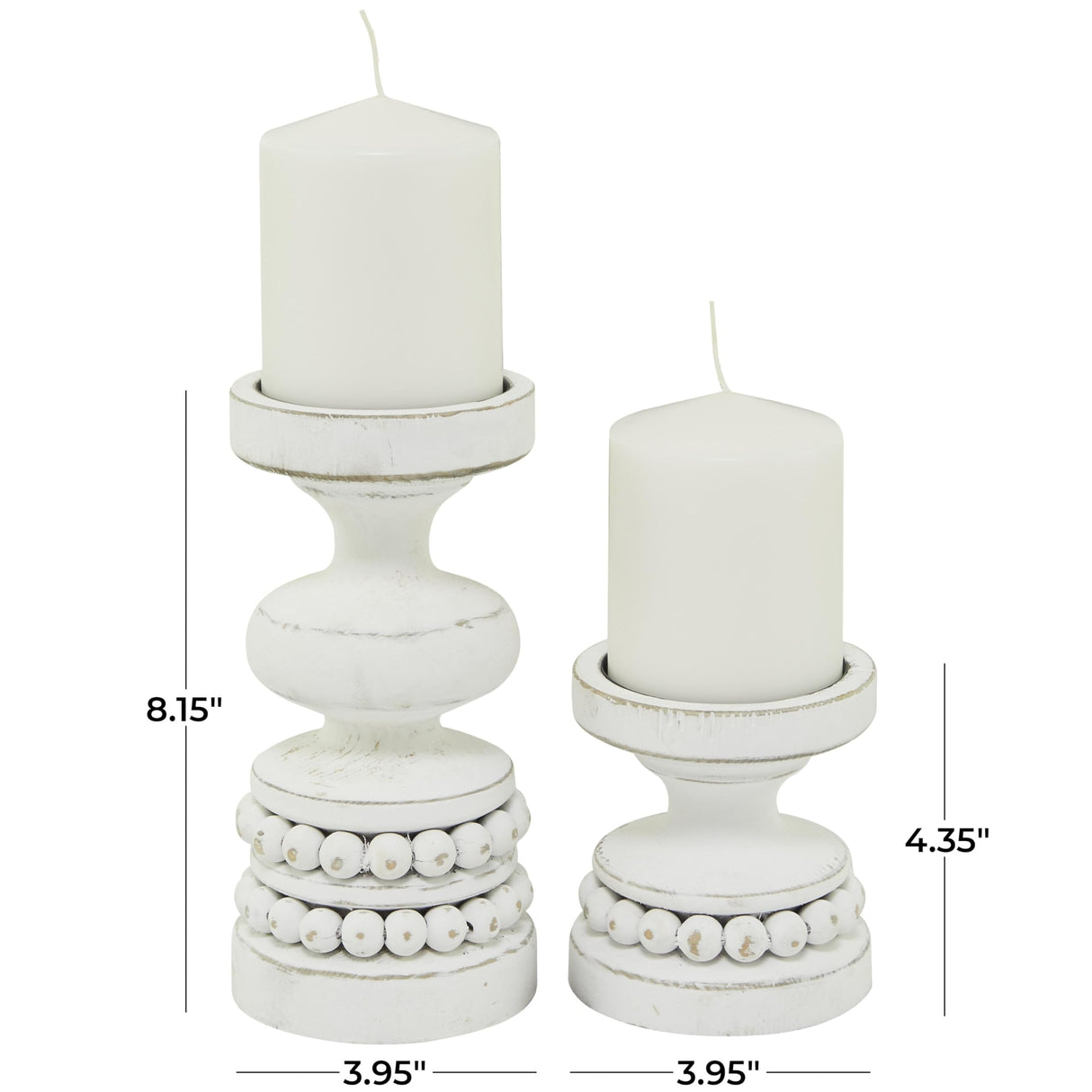 The Novogratz Wood Decorative Candle Holder Beaded Pillar Candle Stand, Set of 2 Candlestick Holder 8", 4"H, White Deco 79