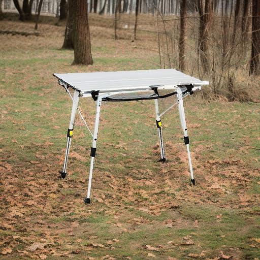 PORTAL Outdoor Folding Portable Picnic Camping Table with Adjustable Height Aluminum Roll Up Table Top Mesh Layer, Silver PORTAL