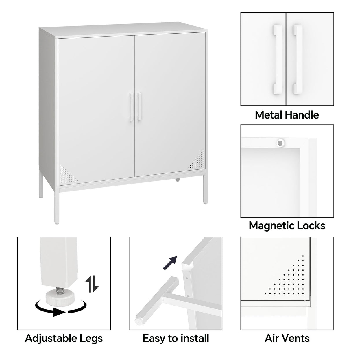 Metal Storage Cabinet with Adjustable Shelves, Steel Buffet Sideboard for Entryway, Living Room, Dining Room, Kitchen, Office, Bar (White) Steehoom