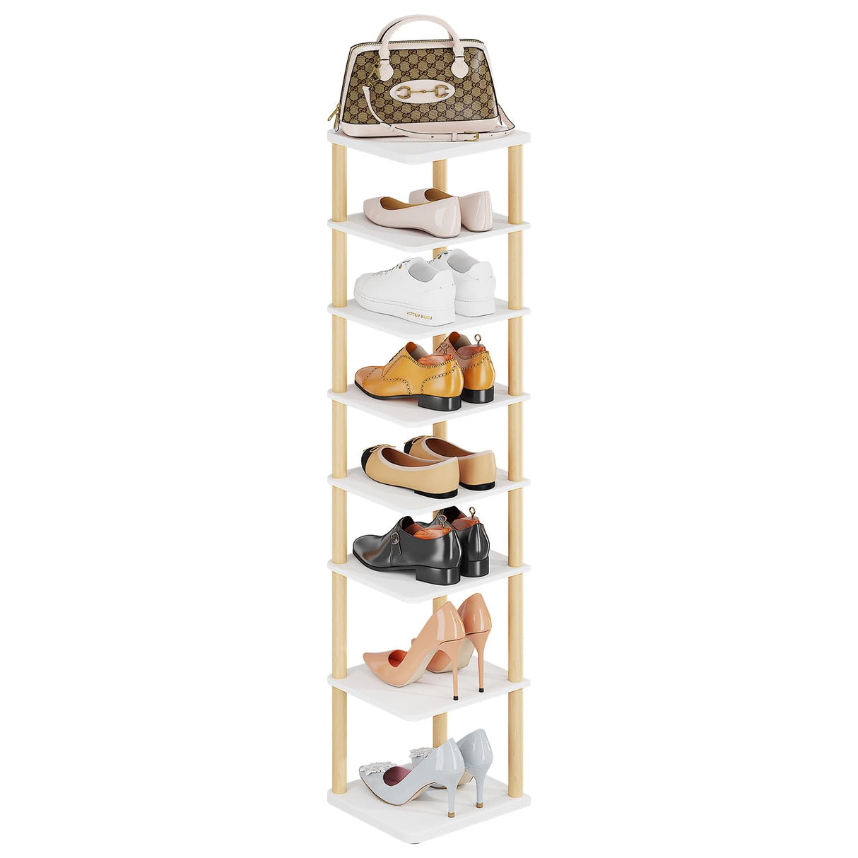 LUCKNOCK Vertical Shoe Rack, 8-Tier Tall Narrow Shoe Organizer for Entryway, Closet, Dorm & Small Spaces, Freestanding White Wooden Shoe Shelf Tower for Boots, Sneakers, Heels. LUCKNOCK