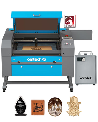 OMTech 100W CO2 Laser Engraver with LightBurn & Water Chiller, 20"x28" Laser Engraving Cutting Machine with 4 Way Pass Through Air Assist Wheels, Industrial Laser Cutter