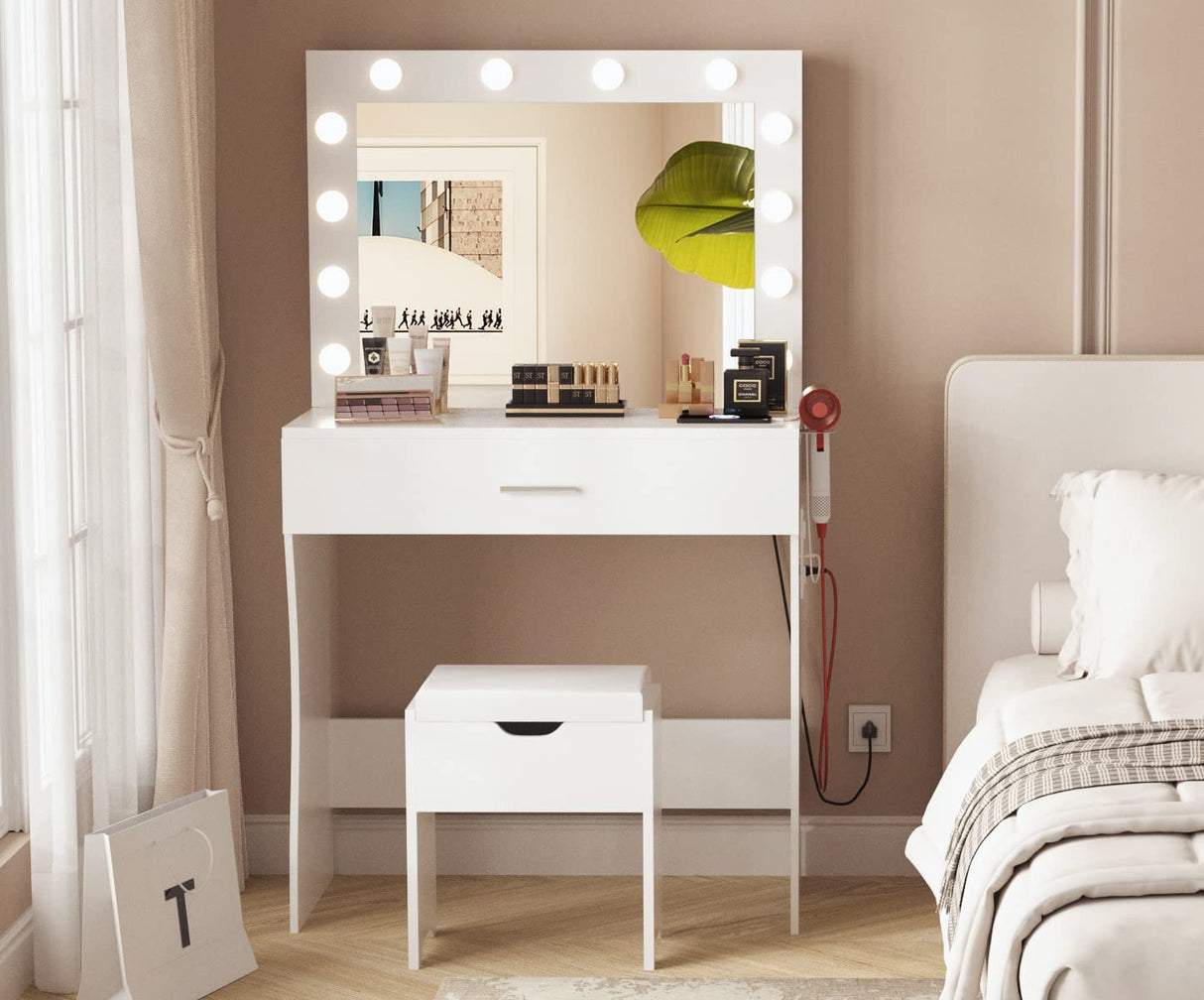 Titoni Vanity Table Set with Lighted Mirror - Makeup Vanity with Charging Station, Large Drawer Sturdy Wood Vanity with Lights, 3 Color Modes, Adjustable Brightness, White Titoni